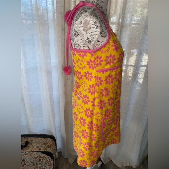 Teddy Fresh Dress Womens Large Yellow Pink Boho Retro Floral Terry Cloth New - Picture 3 of 10